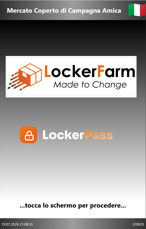 Schermata iniziale del locker con il logo e l'invito a toccare lo schermo