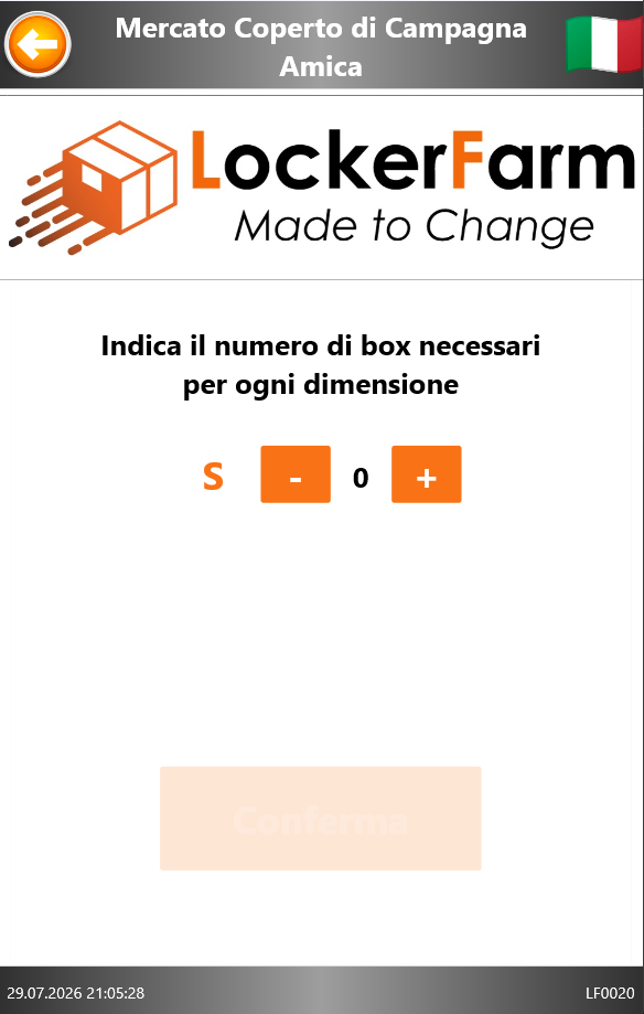 Schermata di scelta del numero di box, contatore a zero
