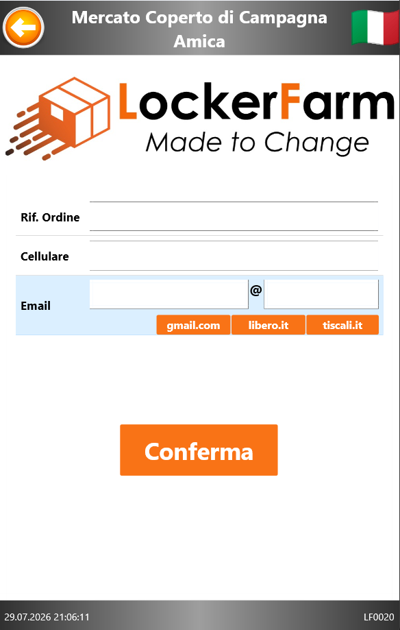 Modulo vuoto con i campi Rif. Ordine, Cellulare ed Email