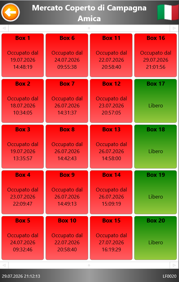 Mappa dei venti box, alcuni rossi occupati e alcuni verdi liberi