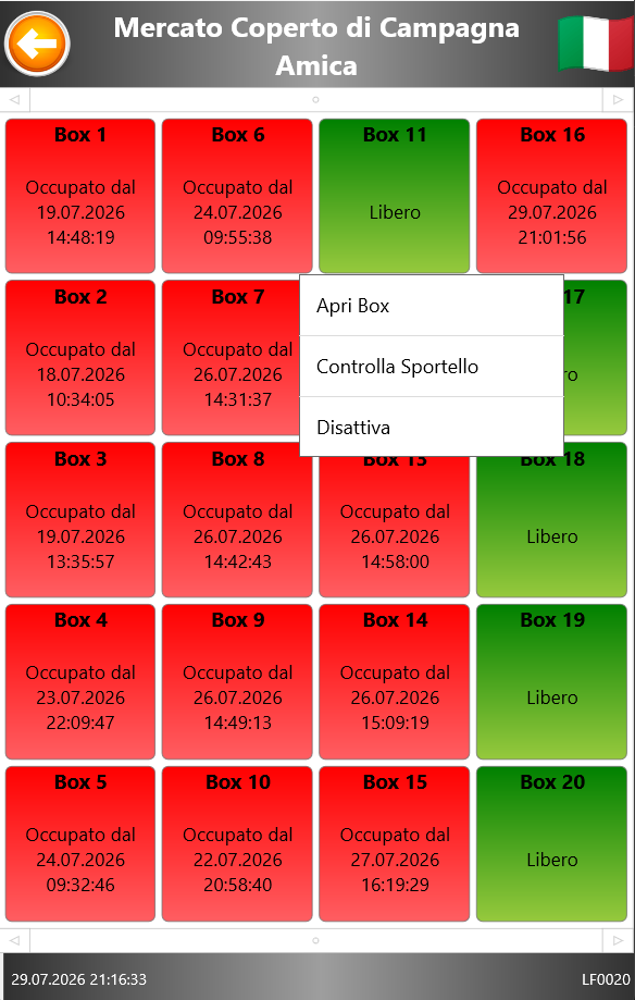Menu su un box libero con le voci Apri Box, Controlla Sportello e Disattiva