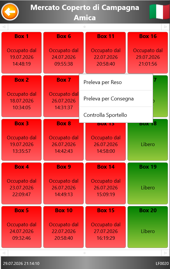 Menu su un box occupato con le voci Preleva per Reso, Preleva per Consegna e Controlla Sportello